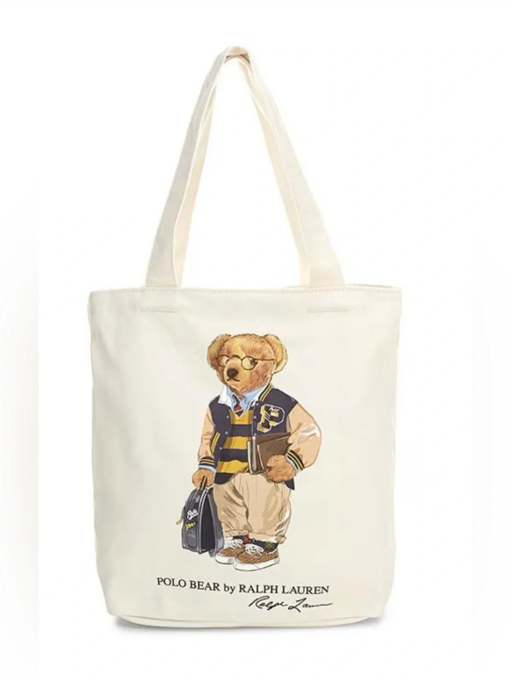 Polo Ralph Lauren Natural BOY BACK TO SCHOOL BEAR 13.0” Canvas Zip Top Tote Bag